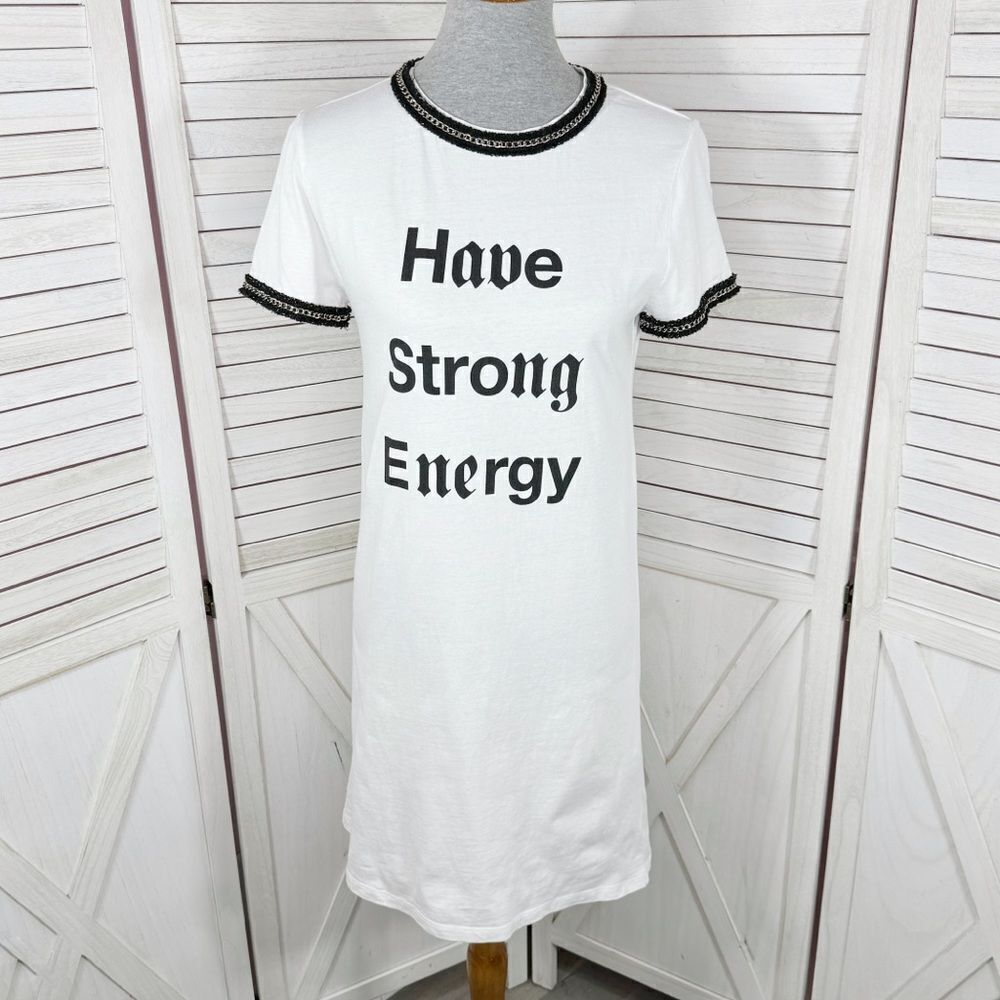 Zara Have Strong Energy Statement Chain‎ Trim T Shirt Dress White Black Small